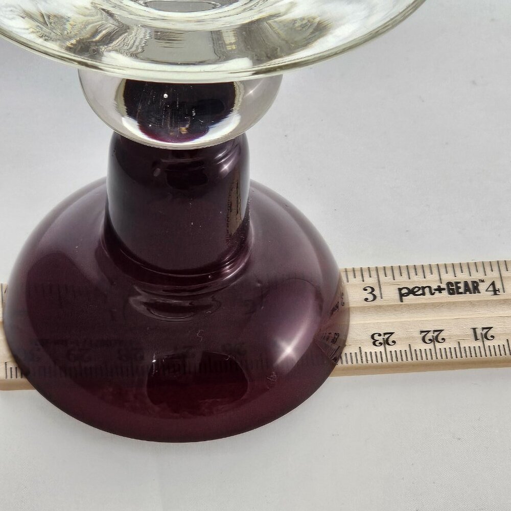 Ruby Red Glass Candlestick Clear Footed Ball Stem 4" vtg colorblock taper candle - Picture 5 of 5